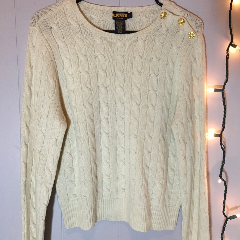 Ralph Lauren Rugby Cream Knit Sweater Gold Details